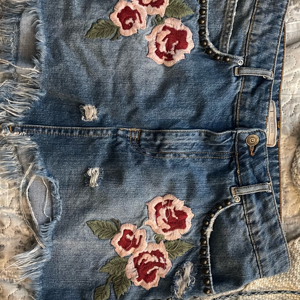 Free People Blue Denim Shorts with Embroidery